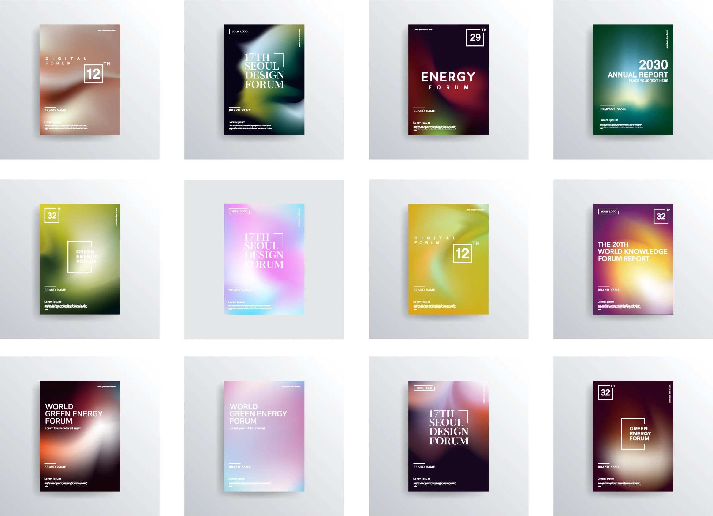 A grid of poster designs using multicolour blurred gradient backgrounds