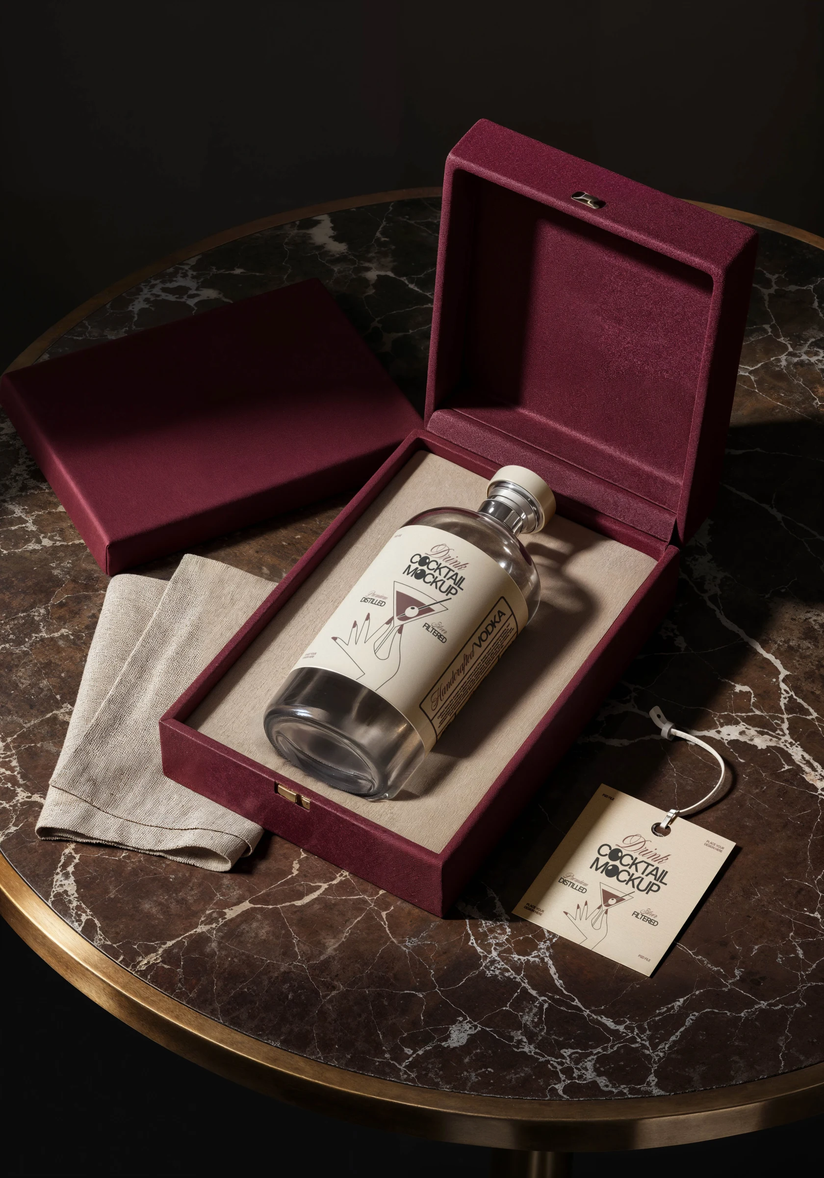 Bottle packaging mockup in a red gift box on a dark marble table
