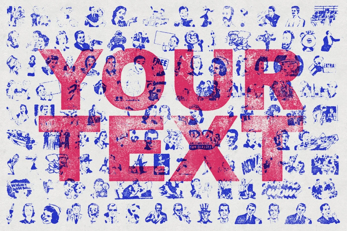 Red and blue distressed letterpress typography on a pale textured background
