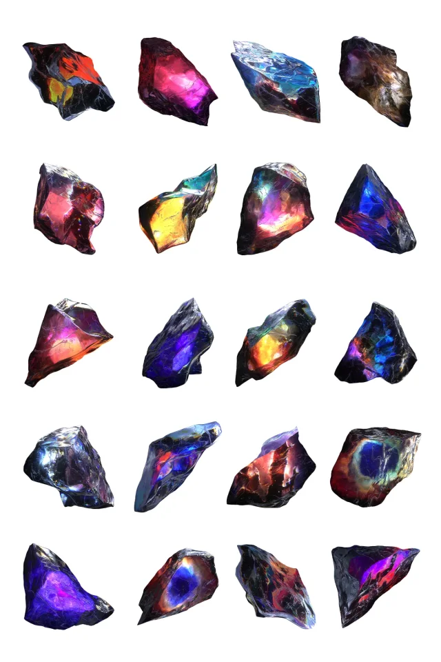 A collection of raw gemstone shapes with colourful crystalline reflections