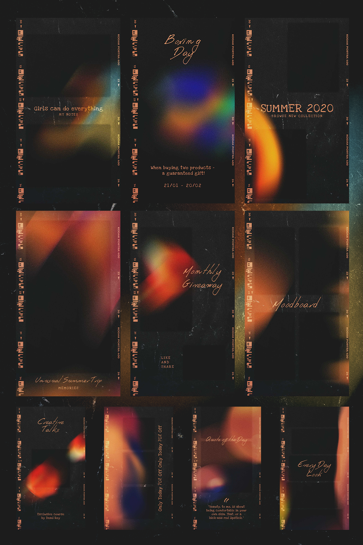 Trendy retro light-leaking film photo templates preview 3